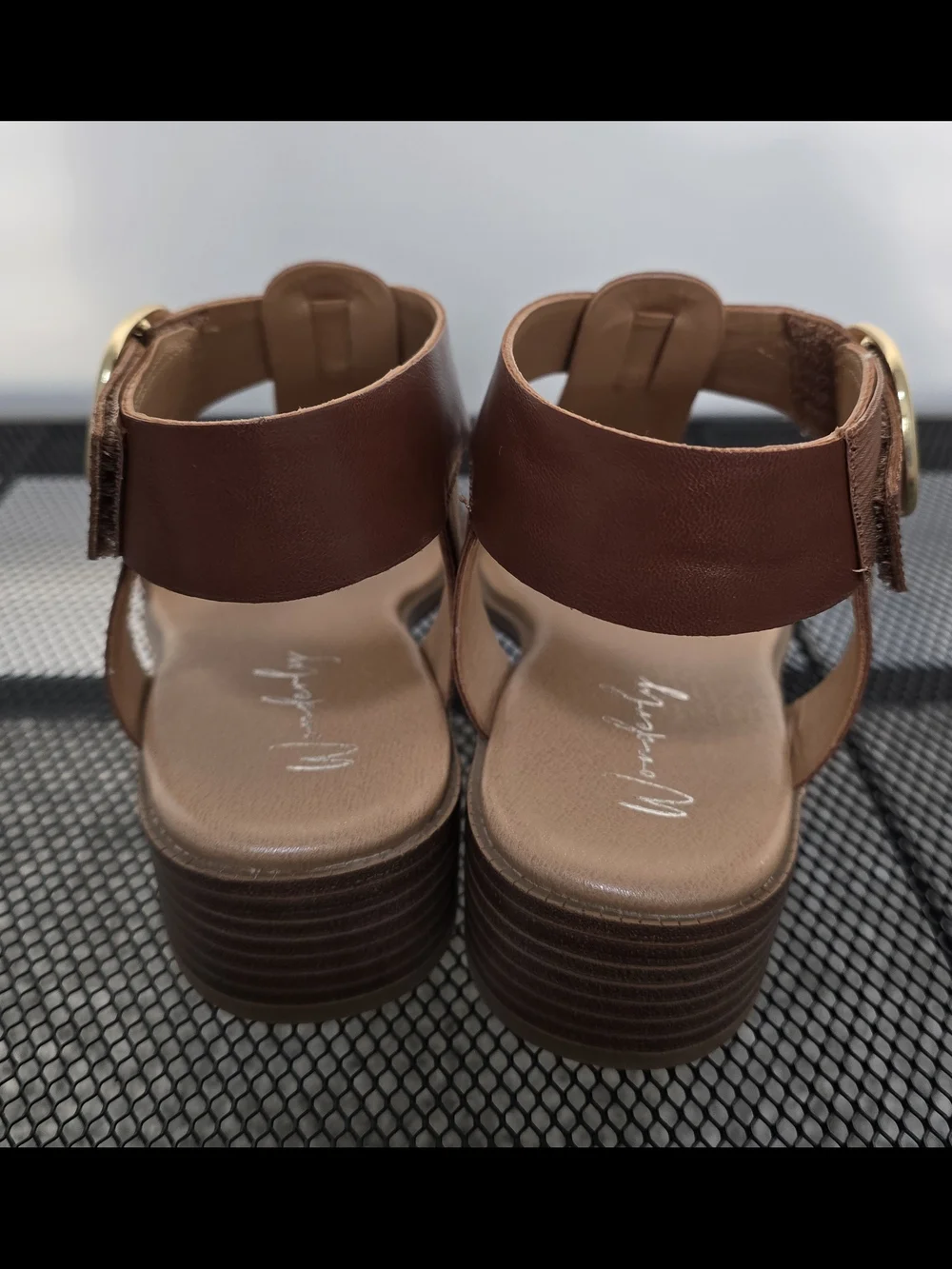 Wonderly Brown Leather T-Strap Sandals with Gold Buckle